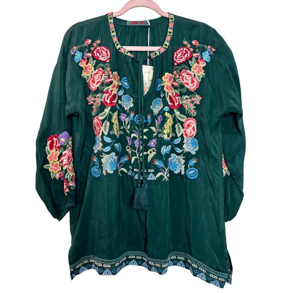 Johnny Was Tops - NWT Johnny Was Zedonia Embroidered Tunic Top Green Floral Bohemian Blouse M